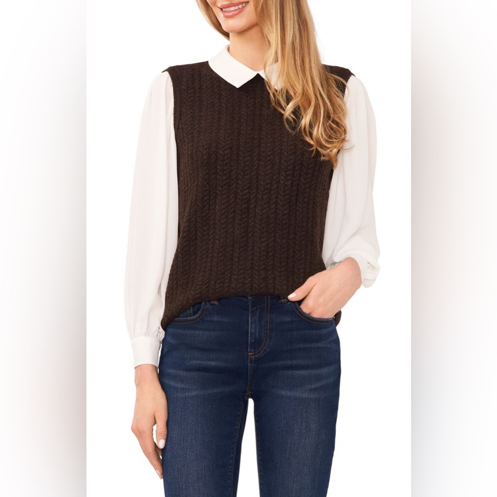 Cece‎ Mixed Media Top in Chocolate Women’s Size Small NWT